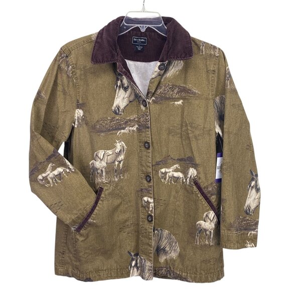 Bit & Bridle Womens L Chore Barn Jacket Brown Horse AOP Corduroy Trim Equestrian - Picture 1 of 16